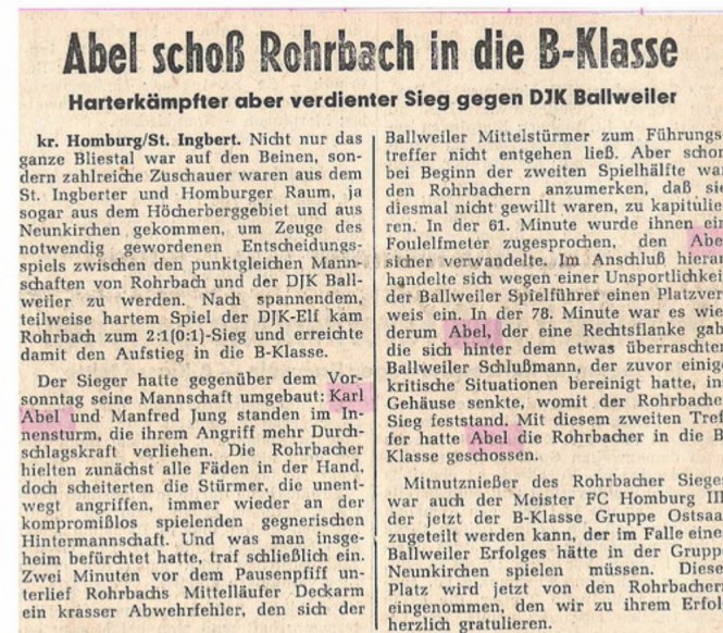 Artikel in der Saarbrücker Zeitung über das Entscheidungsspiel SV Rohrbach gegen DJK Ballweiler