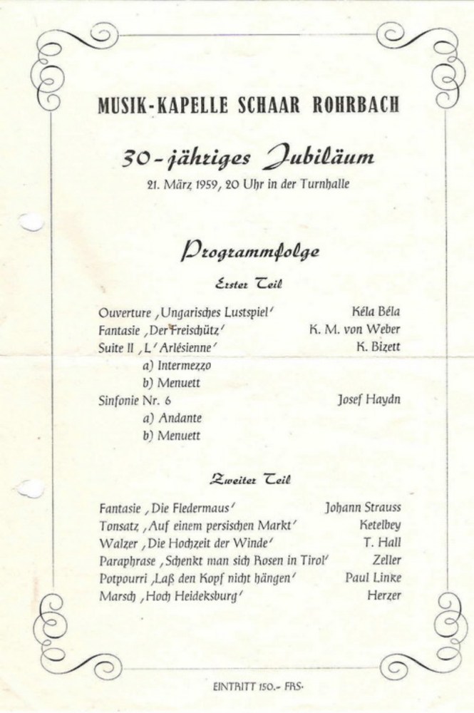 1959 feiert die Musikkapelle Schaar ihr 30-jähriges Jubiläum in der TG-Turnhalle