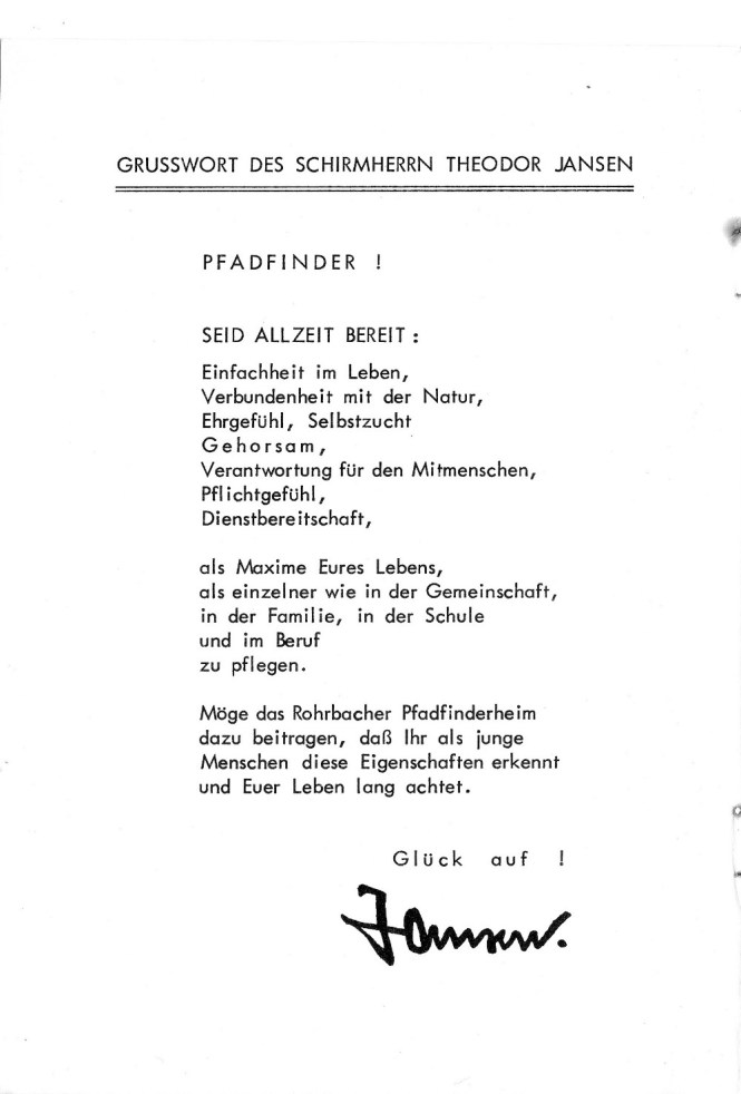 Grußworte des großen Förderes Theodor Jansen zur Heimeinweihung