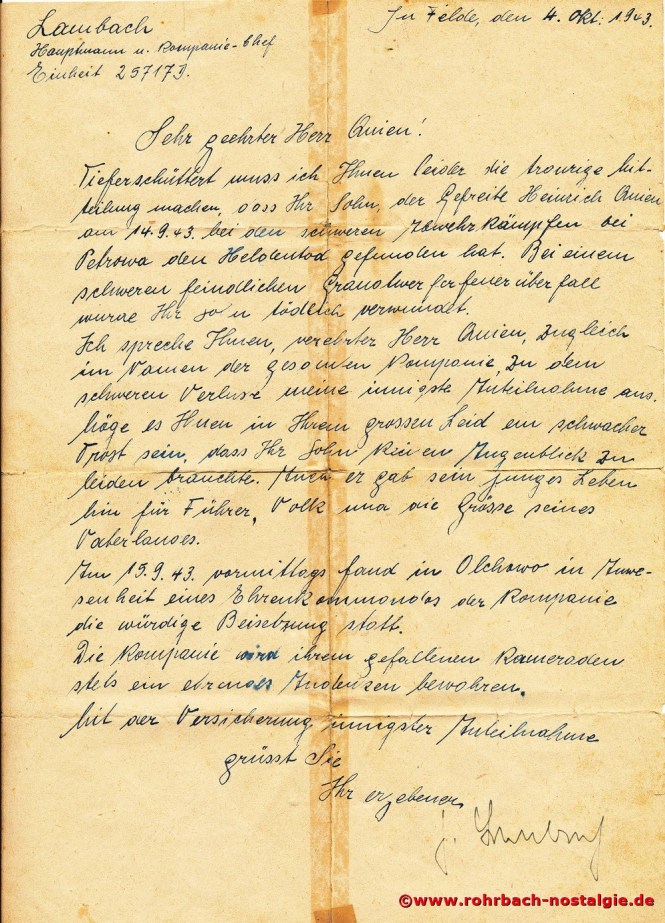 Brief des Kompaniechefs an den Vater des gefallenen Heinrich Quien