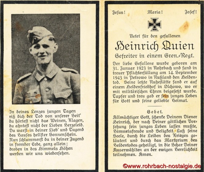 Sterbebild des 20-jährigen Heinrich Quien