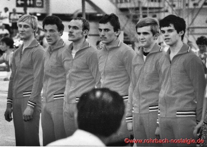 1978 Die Riege der TG Saar mit dem Rohrbacher Alfred Lefebre beim Deutschen Turnfest in Hannover. Auf dem Foto von links: Hans Alger, Albert Haschar, Alfred Lefebre, Benno Groß, Bernd Juchems, Christian Hahn