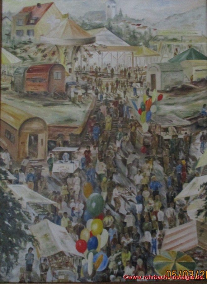 Kerb in den 50er Jahren - Blick von der Bahnhofstraße auf den Kerweplatz und die Christuskirche (Gemälde von Günter Weiland)